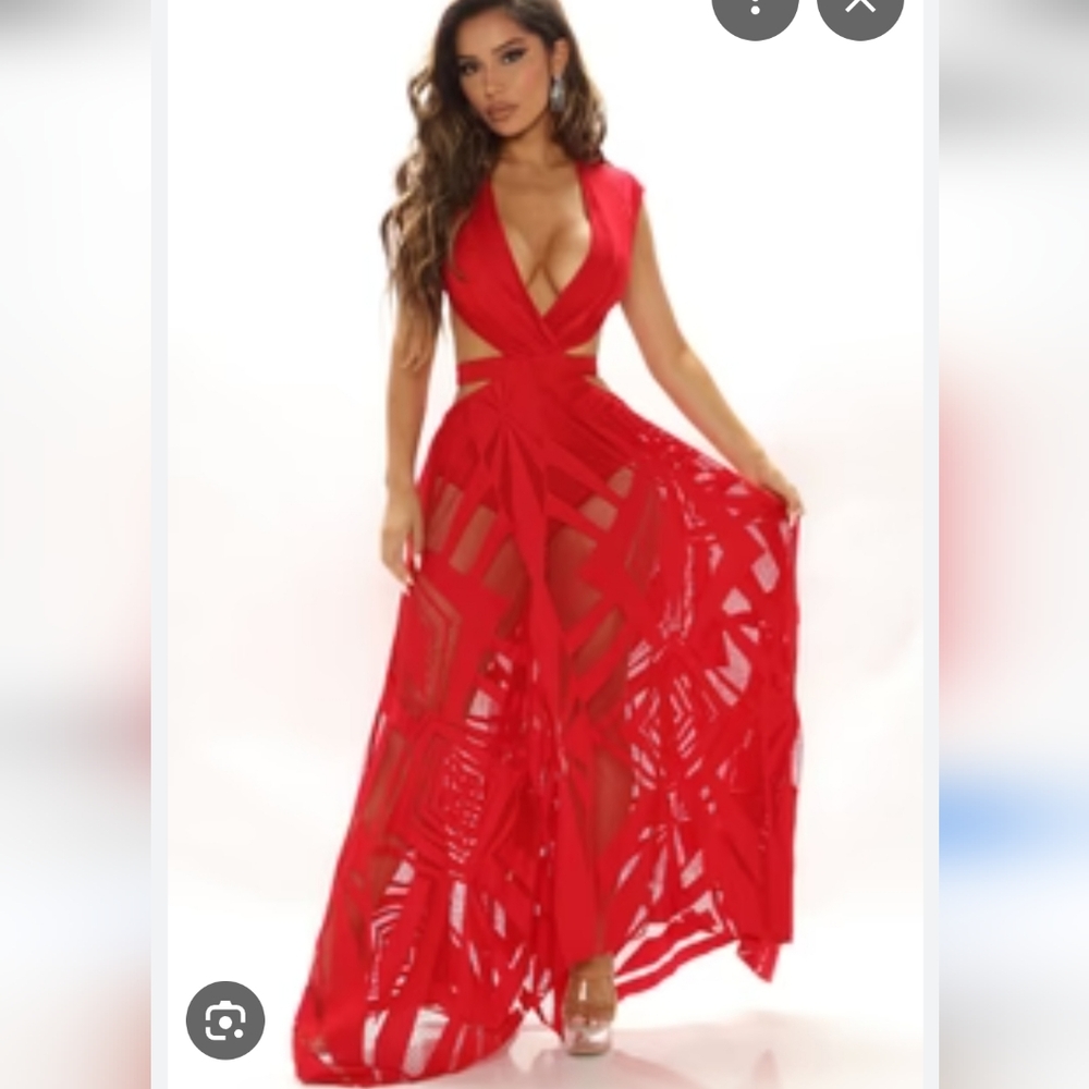 Red Cutout Maxi Dress with Deep V Neck